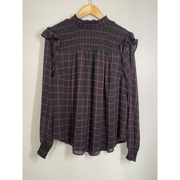 Torrid Crinkle Chiffon‎ Smocked High Neck Blouse Black Purple Size 1 (XL 14/16) - Picture 1 of 16